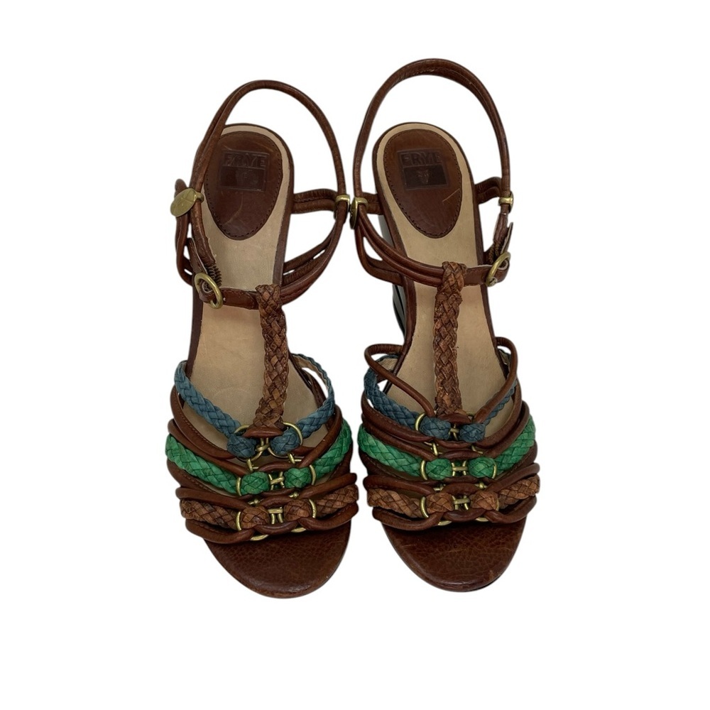 FRYE COLETE Sandals Brown Braided Leather Wedge Heels Open Toe Strappy Buckle 9